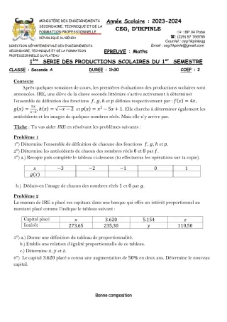 Première page de Mathématiques 2nde A — 1re production scolaire, 1er semestre (2023-2024) · CEG1 Ikpinlè