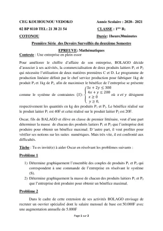 Première page de Mathématiques 1ère B — 1er devoir surveillé, 2e semestre (2020-2021) · CEG Kouhounou-Vêdoko