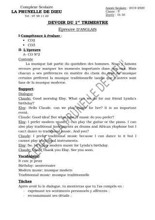 Première page de Anglais 5e — Devoir surveillé, 1er trimestre (2019-2020) · CEPG La Prunelle de Dieu