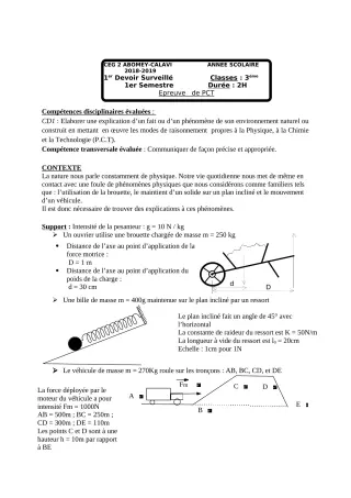 Première page de PCT 3e, 3e ML — 1er devoir surveillé, 1er semestre (2018-2019) · CEG2 ABOMEY - CALAVI (CEG ZOCA)