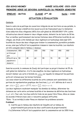 Première page de Mathématiques 2nde A & B — 1er devoir surveillé, 1er semestre (2023-2024) · CEG GOHO