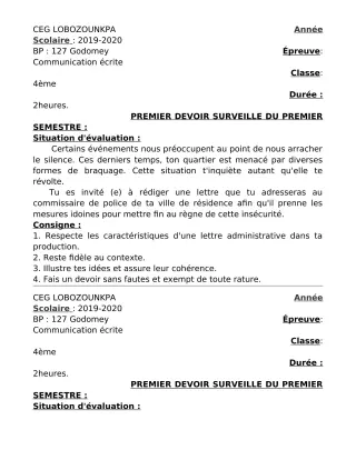 Première page de Français 4e, 4e ML — 1er devoir surveillé, 1er semestre (2019-2020) · CEG Lobozounkpa