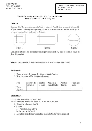 Première page de Mathématiques 6e — 1er devoir surveillé, 1er semestre (2019-2020) · CEG Yagbe
