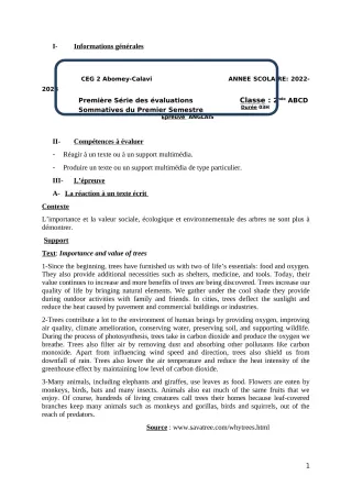 Première page de Anglais 2nde A & B — 1re évaluation sommative, 1er semestre (2022-2023) · CEG2 ABOMEY - CALAVI (CEG ZOCA)