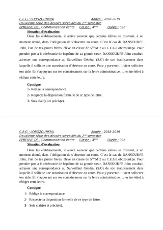Première page de Français 4e, 4e ML — 2e devoir surveillé, 2e semestre (2018-2019) · CEG Lobozounkpa