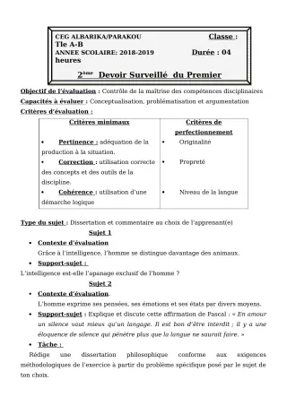 Première page de Philosophie 2nde A, 2nde B, 2nde C, 2nde D, 1ère A1, 1ère A2, 1ère B, 1ère C, 1ère D, Tle A1, Tle A2, Tle B, Tle C, Tle D — 2e devoir surveillé (2018-2019) · CEG Albarika