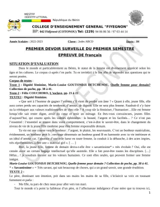 Première page de Français 2nde A2, 2nde B, 2nde C, 2nde D — 1er devoir surveillé, 1er semestre (2022-2023) · CEG FIYEGNON