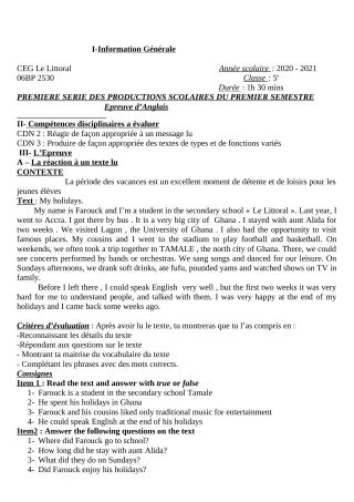 Première page de Anglais 5e — 1re production scolaire, 1er semestre (2020-2021) · CEG Le Littoral