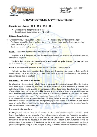 Première page de SVT 5e — 1er devoir surveillé, 2e trimestre (2019-2020) · CPEG LE PHARAON