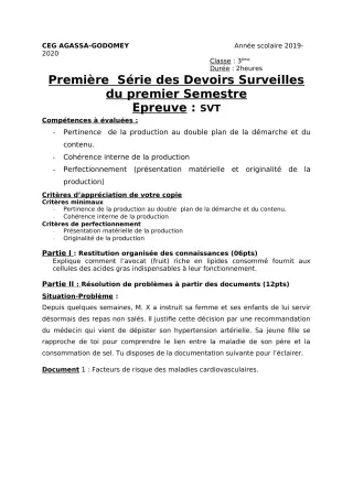 Première page de SVT 3e, 3e ML — 1er devoir surveillé, 1er semestre (2019-2020) · CEG Agassa Godomey