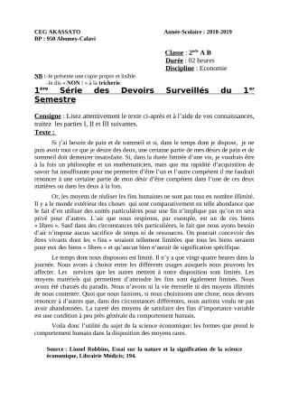 Première page de Histoire-Géographie 6e, 5e, 4e ML&MC, 3e, 3e ML, 2nde A & B, 2nde C, 2nde D, 1ère A, 1ère B, 1ère C, 1ère D, Tle A1, Tle A2, Tle B, Tle C, Tle D — 1er devoir surveillé (2018-2019) · CEG Akassato