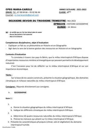 Première page de Histoire-Géographie 6e — 2e devoir surveillé, 3e trimestre (2021-2022) · CPEG MARIA-CAROLE