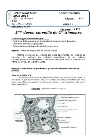 Première page de SVT 2nde A2, 2nde B, 2nde D — Devoir surveillé, 1er trimestre (2023-2024) · CPEG SAINT Justin