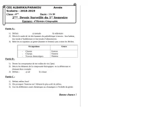 Première page de Histoire-Géographie 6e, 5e, 4e, 4e ML, 3e, 3e ML, 2nde A, 2nde B, 2nde C, 2nde D — 2e devoir surveillé, 1er semestre (2018-2019) · CEG Albarika