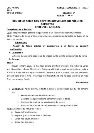 Première page de Anglais 6e — 2e devoir surveillé, 1er semestre (2021-2022) · CEG PAHOU
