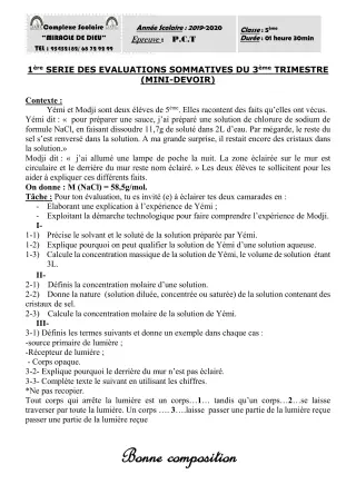 Première page de PCT 5e — 1re évaluation sommative, 3e trimestre (2019-2020) · CPEG Miracle de Dieu