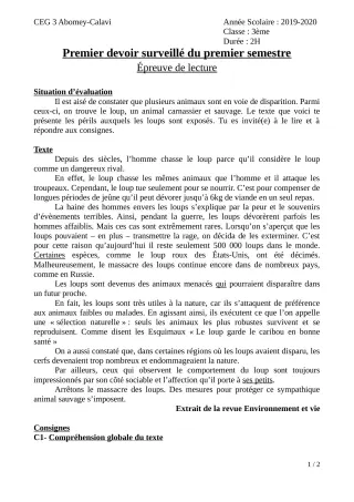 Première page de Français 6e, 5e, 4e, 4e ML, 3e, 3e ML — 1er devoir surveillé, 1er semestre (2019-2020) · CEG3 ABOMEY CALAVI