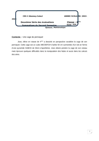 Première page de Mathématiques 4e — 2e évaluation sommative, 2e semestre (2022-2023) · CEG2 ABOMEY - CALAVI (CEG ZOCA)