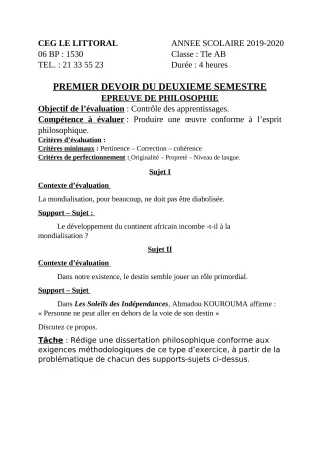 Première page de Philosophie 2nde A, 2nde A & B, 2nde A1, 2nde A2, 2nde B, 2nde C, 2nde D, 1ère A1, 1ère A2, 1ère B, 1ère C, 1ère D, Tle A2, Tle B, Tle C, Tle D — 1er devoir surveillé, 2e semestre (2019-2020) · CEG Le