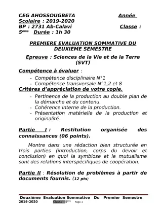 Première page de SVT 5e — 1re évaluation sommative, 2e semestre (2019-2020) · CEG Ahossougbéta
