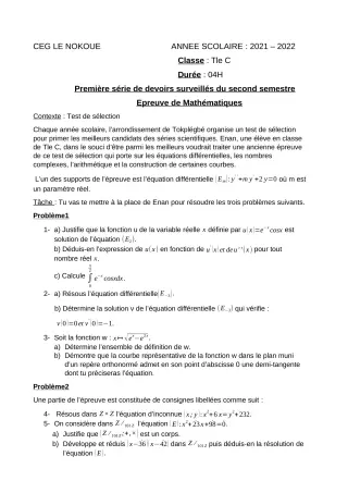Première page de Mathématiques Tle C — 1er devoir surveillé, 2e semestre (2021-2022) · CEG LE NOKOUE