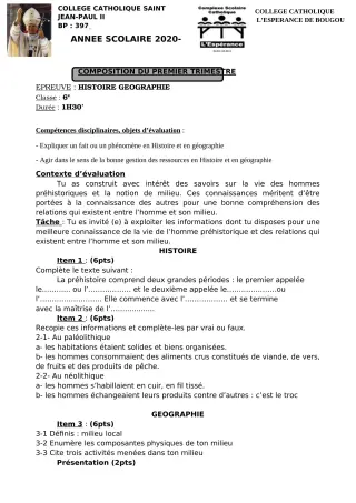 Première page de Histoire-Géographie 6e, 5e, 4e, 4e ML, 3e, 3e ML, 2nde A1, 2nde A2, 2nde C, 2nde D, 1ère A1, 1ère A2, 1ère C, 1ère D, Tle A1, Tle A2, Tle C, Tle D — 1re composition, 1er trimestre (2020-2021) · CCJPII