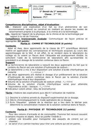 Première page de PCT 3e — 1er devoir surveillé, 1er semestre (2019-2020) · CEG 1 Comè