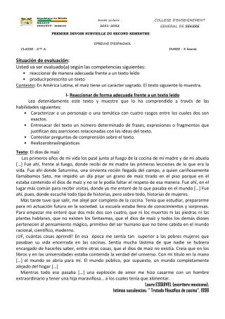 Première page de Espagnol 2nde A2 — 1er devoir surveillé, 2e semestre (2021-2022) · CEG SEKERE