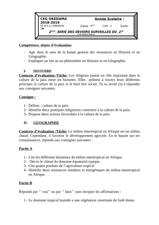 Première page de Histoire-Géographie 6e — 2e devoir surveillé, 2e semestre (2018-2019) · CEG OKEDAMA