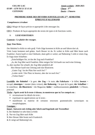 Première page de Allemand 3e ML — 1er devoir surveillé, 2e semestre (2020-2021) · CEG du Lac