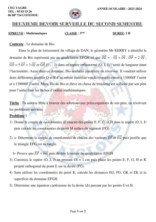 Première page de Mathématiques 3e — 2e devoir surveillé, 2e semestre (2023-2024) · CEG Yagbe