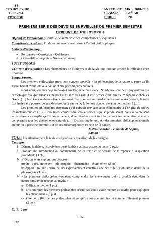 Première page de Philosophie 2nde A & B, 2nde C, 2nde D, 1ère A, 1ère B, 1ère C, 1ère D, Tle A1, Tle A2, Tle B, Tle C, Tle D — 1er devoir surveillé, 1er semestre (2018-2019) · CEG HOUEYIHO