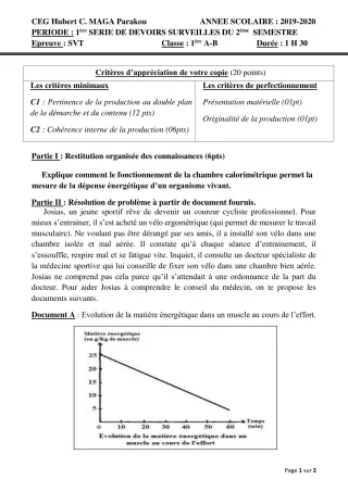 Première page de SVT 1ère A1, 1ère A2, 1ère B — 1er devoir surveillé, 2e semestre (2019-2020) · CEG Hubert C. MAGA