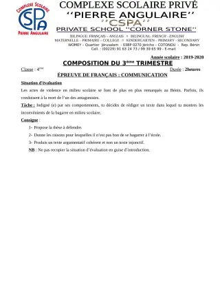 Première page de Français 4e, 4e ML — Composition (2019-2020) · CPEG PIERRE ANGULAIRE