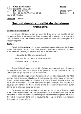 Première page de Français 4e — 2e devoir surveillé, 2e trimestre (2023-2024) · CPEG SAINT Justin