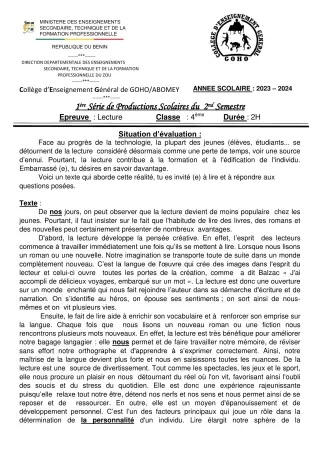 Première page de Français 4e — 1re production scolaire, 2e semestre (2023-2024) · CEG GOHO