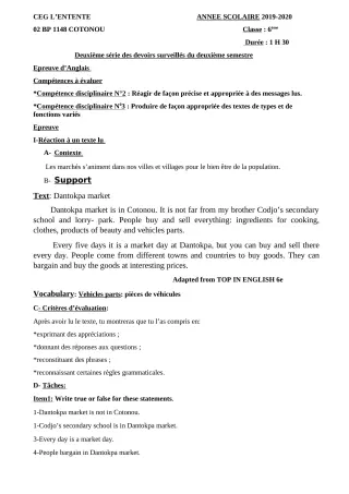 Première page de Anglais 6e — 2e devoir surveillé, 2e semestre (2019-2020) · CEG L'Entente
