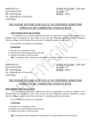 Première page de Français 6e — 2e devoir surveillé, 1er semestre (2020-2021) · CEG FIYEGNON