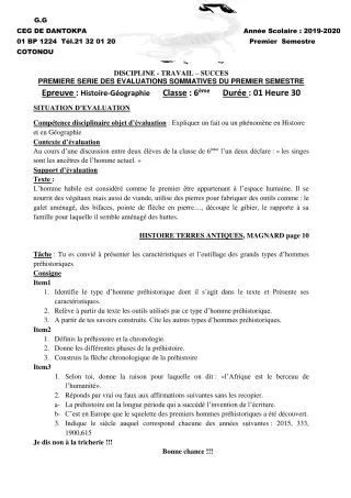 Première page de Histoire-Géographie 6e — 1re évaluation sommative, 1er semestre (2019-2020) · CEG Dantokpa