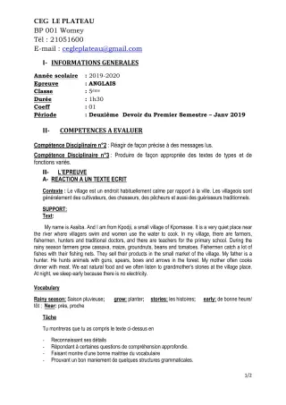 Première page de Anglais 5e — 2e devoir surveillé, 1er semestre (2019-2020) · CEG Le Plateau