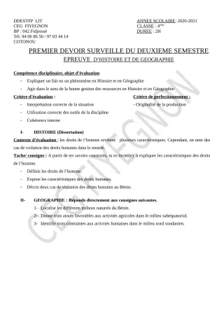 Première page de Histoire-Géographie 4e — 1er devoir surveillé, 2e semestre (2020-2021) · CEG FIYEGNON