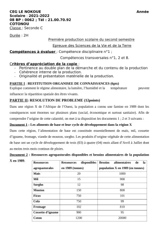 Première page de SVT 2nde C — 1re production scolaire, 2e semestre (2021-2022) · CEG LE NOKOUE
