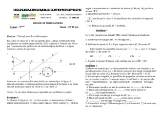 Première page de Devoir surveillé de MATHS GENE — 5e — CEG SEKERE (2022)