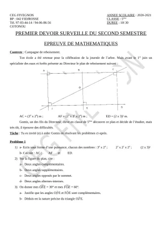 Première page de Mathématiques 5e — 1er devoir surveillé, 2e semestre (2020-2021) · CEG FIYEGNON