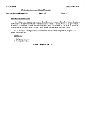Première page de Français 4e, 4e ML — 1er devoir surveillé, 1er semestre (2018-2019) · CEG SEKERE
