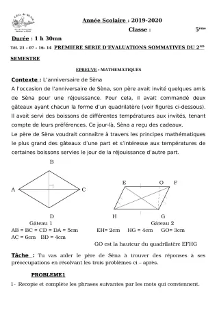 Première page de Mathématiques 5e — Évaluation sommative, 2e semestre (2019-2020) · CEG Sô-Ava