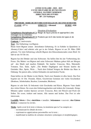Première page de Allemand 2nde A2 — 1er devoir surveillé, 2e semestre (2018-2019) · LMJFGMK