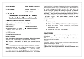 Première page de Histoire-Géographie Tle A1, Tle A2, Tle B — 1er devoir surveillé, 2e semestre (2018-2019) · CEG Le Méridien