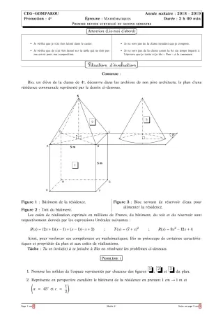 Première page de Mathématiques 4e, 4e ML — Composition (2018-2019) · CEG Gomparou