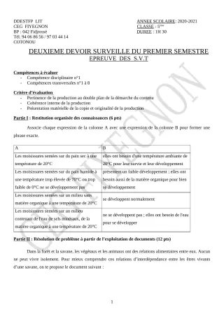 Première page de SVT 5e — 2e devoir surveillé, 1er semestre (2020-2021) · CEG FIYEGNON